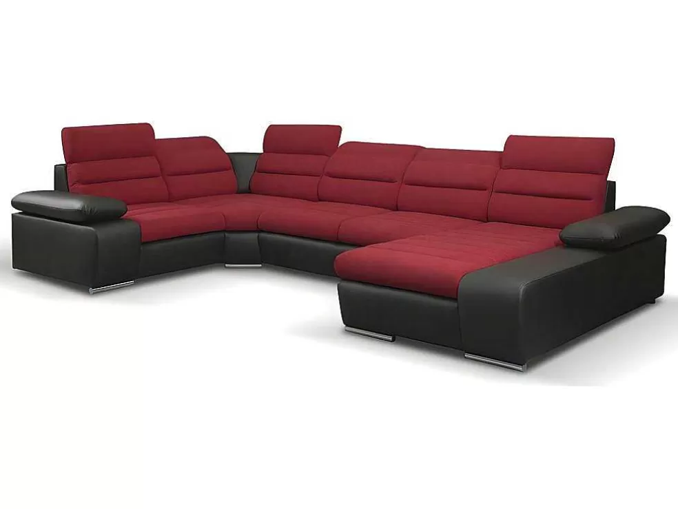 Vente-unique Sofá De Canto Panorâmico Modular Em Tecido E Pele Sintéticabicolor Vermelho E Preto - Canto Direito - Boileau* Sofá Panorâmico