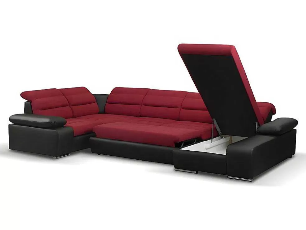 Vente-unique Sofá De Canto Panorâmico Modular Em Tecido E Pele Sintéticabicolor Vermelho E Preto - Canto Direito - Boileau* Sofá Panorâmico