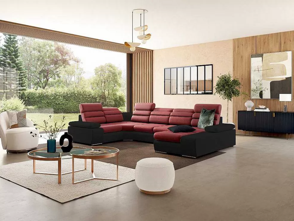 Vente-unique Sofá De Canto Panorâmico Modular Em Tecido E Pele Sintéticabicolor Vermelho E Preto - Canto Direito - Boileau* Sofá Panorâmico
