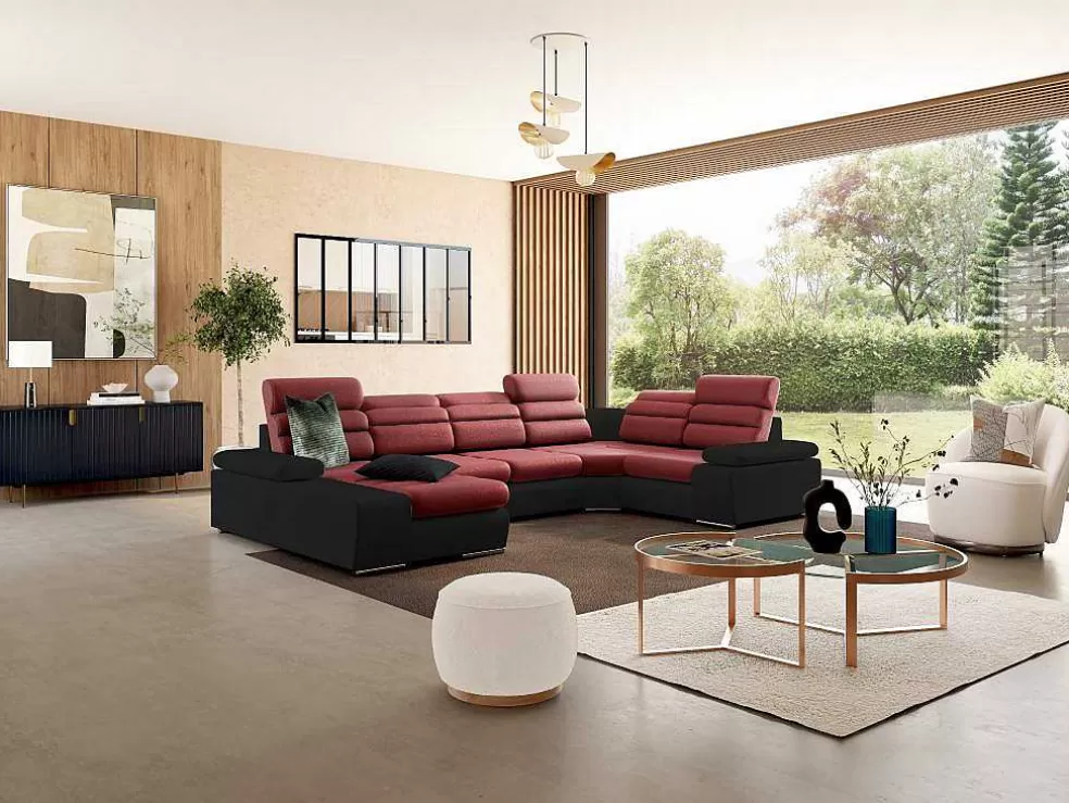 Vente-unique Sofá De Canto Panorâmico Modular Em Tecido E Pele Sintéticabicolor Vermelho E Preto - Canto Esquerdo - Boileau* Sofá Panorâmico