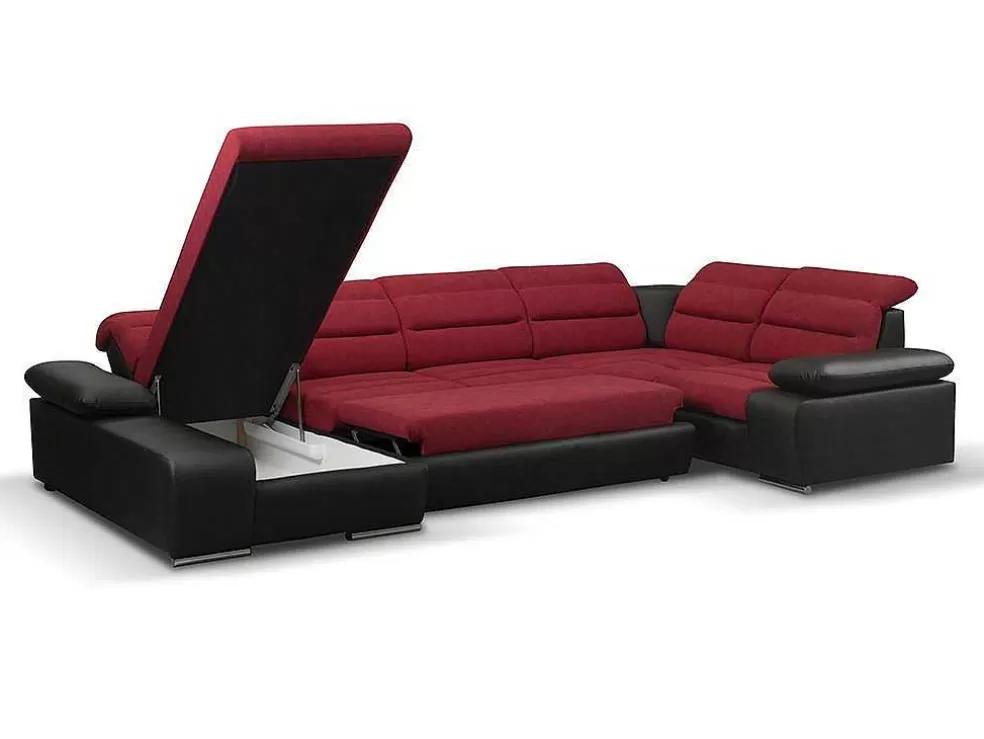 Vente-unique Sofá De Canto Panorâmico Modular Em Tecido E Pele Sintéticabicolor Vermelho E Preto - Canto Esquerdo - Boileau* Sofá Panorâmico