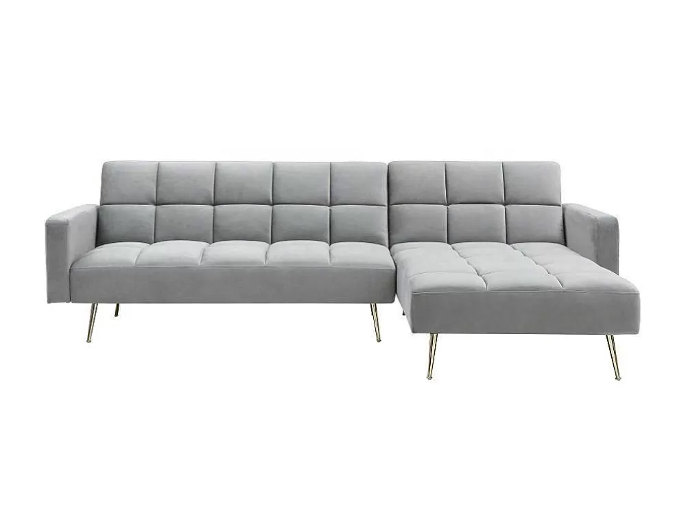 Vente-unique Sofá De Canto Reversivel E Convertivel Em Veludo Cinza - Nieto* Sofá Cama Clic-Clac E Dobravel