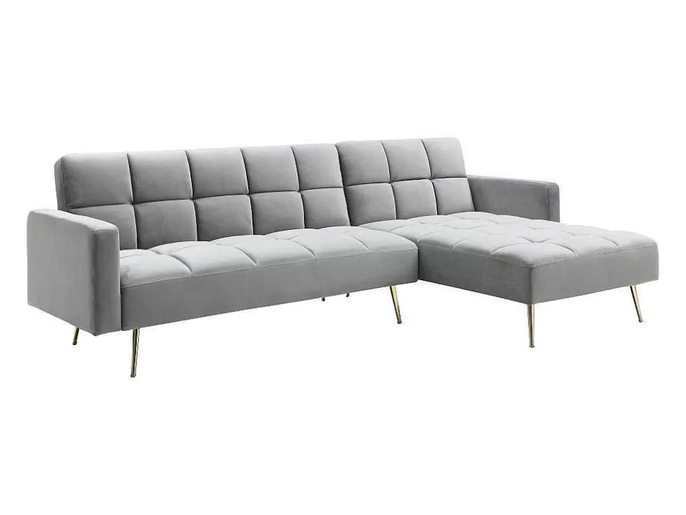 Vente-unique Sofá De Canto Reversivel E Convertivel Em Veludo Cinza - Nieto* Sofá Cama Clic-Clac E Dobravel