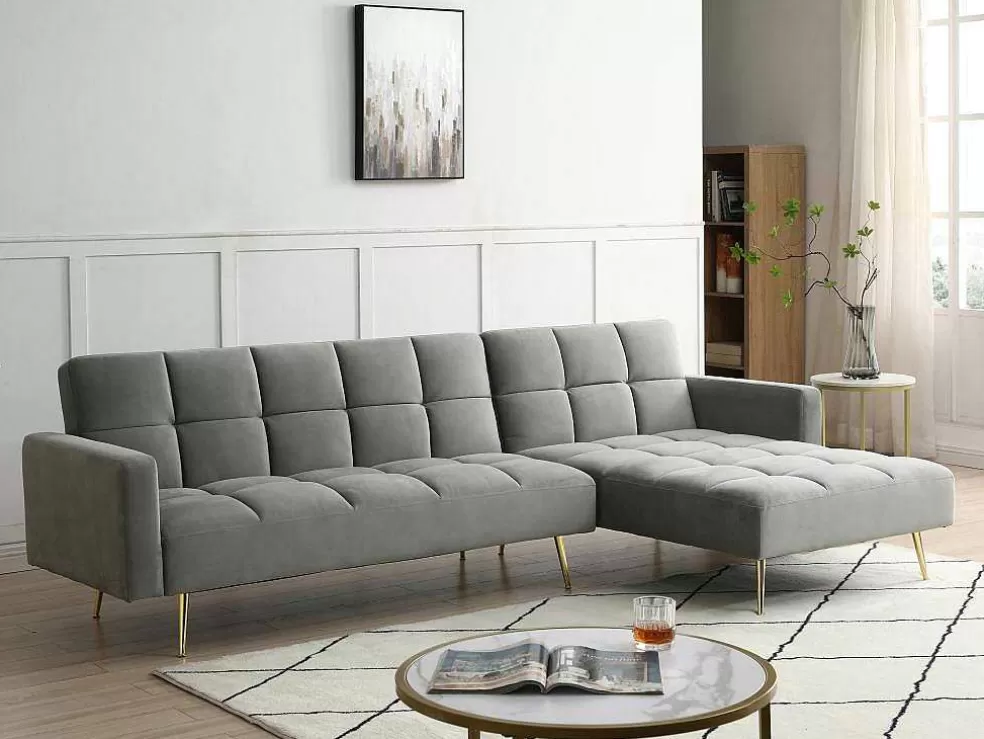 Vente-unique Sofá De Canto Reversivel E Convertivel Em Veludo Cinza - Nieto* Sofá Cama Clic-Clac E Dobravel