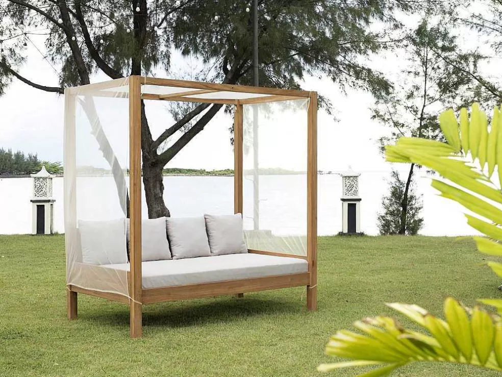 MYLIA Sofá De Jardim Com Dossel Em Teca Natural Claro E Cinzento - Ovani* Espreguiçadeira
