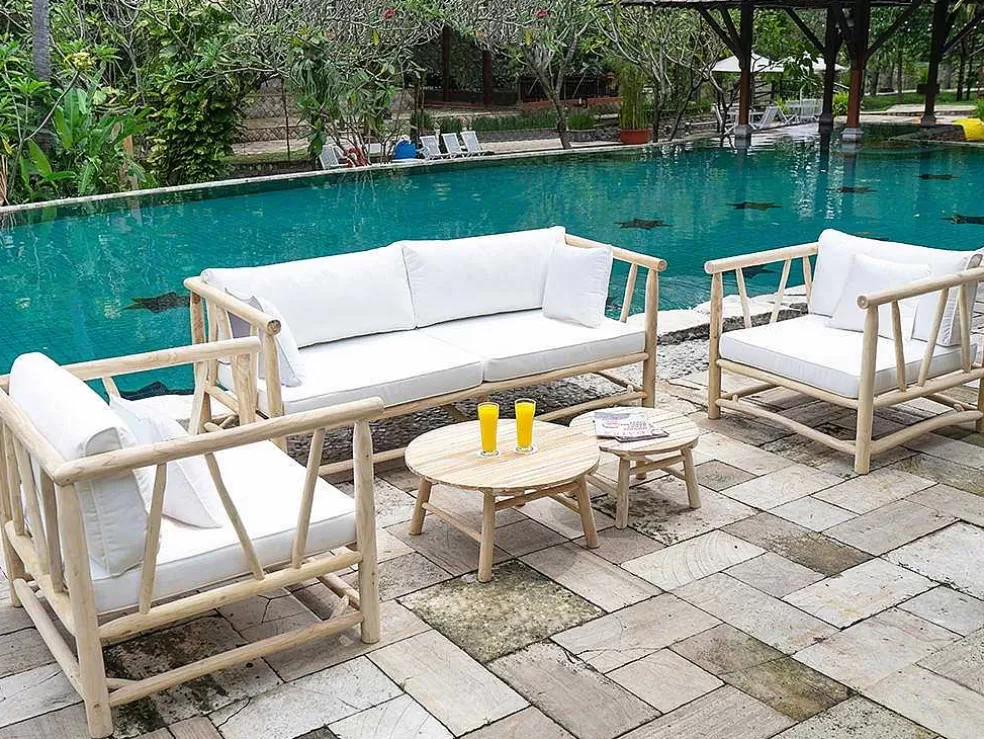 MYLIA Sofá De Jardim Em Teca Com Almofadoes Cor Natural Claro E Branco - Tulum* Conjunto Relax De Jardim