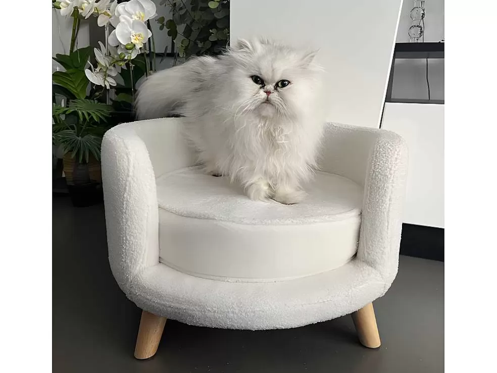 Vente-unique Sofá Para Animais Em Tecido Boucle E Pés De Madeira D.56 X A.35 Cm Branco - Misia* Acessórios Para Animais De Estimação