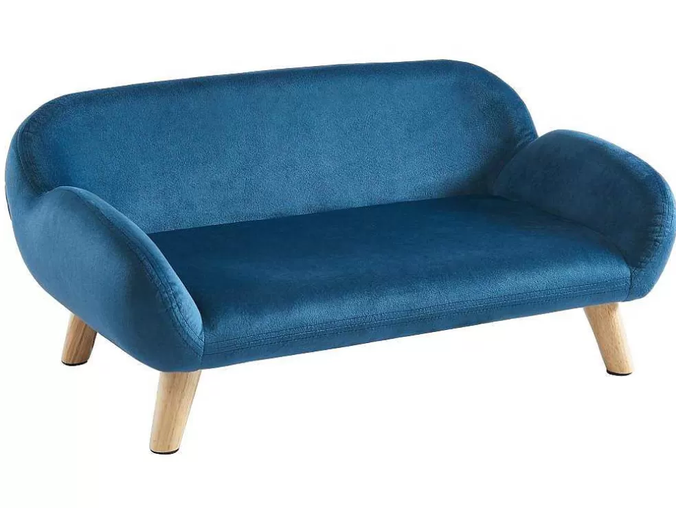 Vente-unique Sofá Para Animais Em Veludo E Pés Em Madeira C.72 X L.44 Cm Azul - Zolia* Acessórios Para Animais De Estimação