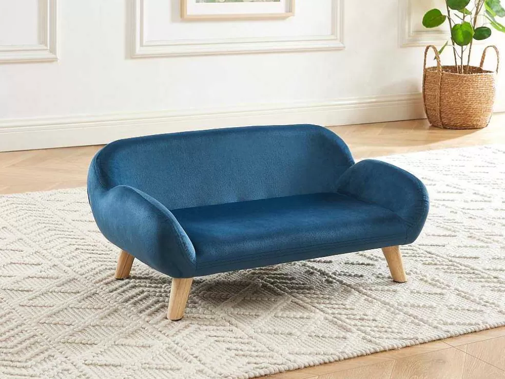 Vente-unique Sofá Para Animais Em Veludo E Pés Em Madeira C.72 X L.44 Cm Azul - Zolia* Acessórios Para Animais De Estimação