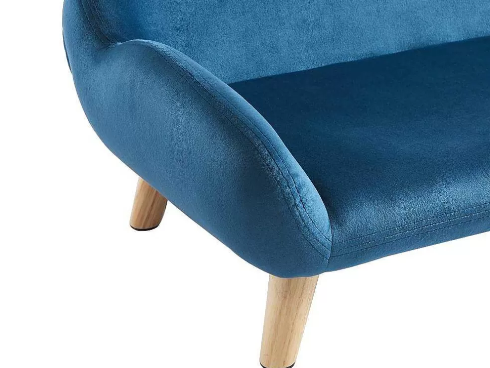 Vente-unique Sofá Para Animais Em Veludo E Pés Em Madeira C.72 X L.44 Cm Azul - Zolia* Acessórios Para Animais De Estimação
