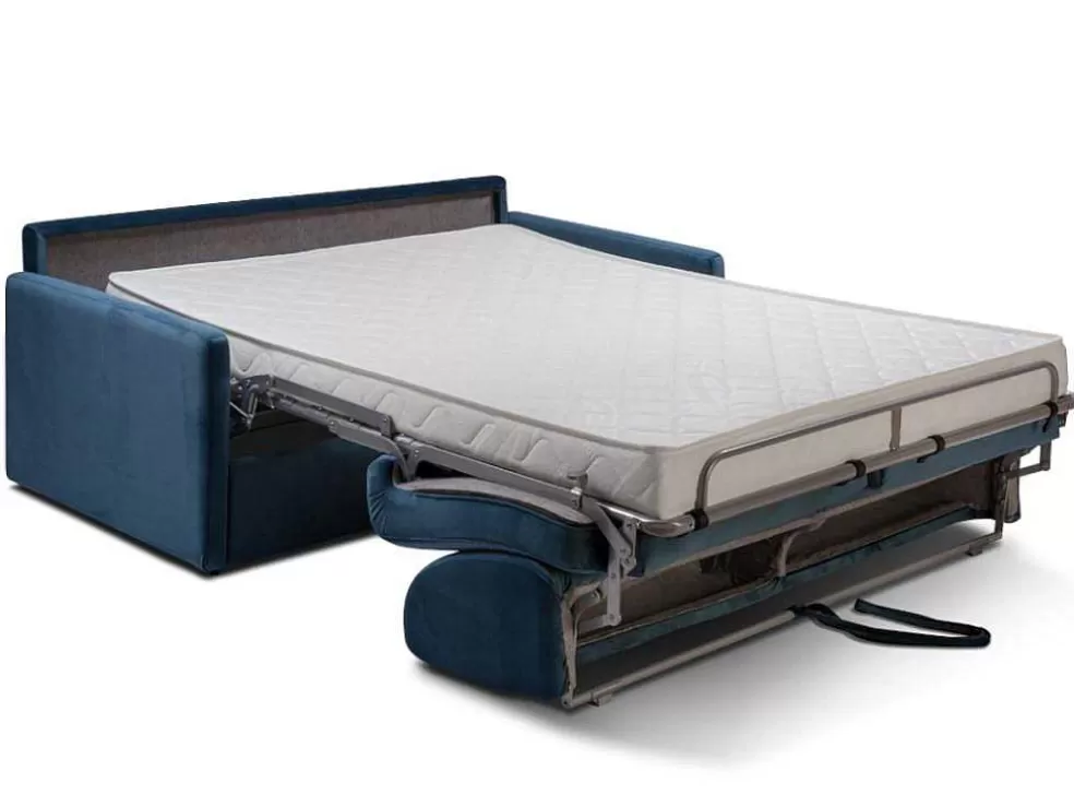 Vente-unique Sofá-Cama De 3 Lugares Com Abertura Expresso De Veludo Azul Meia-Noite - Cama De 140 Cm E Colchão De 14 Cm - Calife* Sofá Cama De Abertura Rapida
