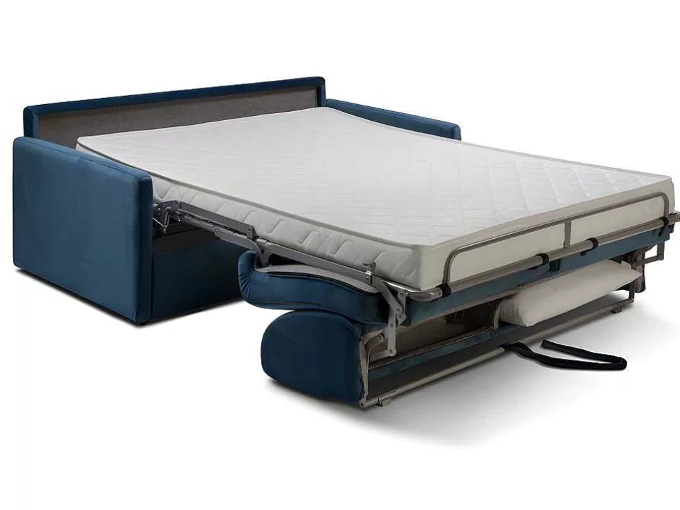 Vente-unique Sofá-Cama De 3 Lugares Com Abertura Expresso De Veludo Azul Meia-Noite - Cama De 140 Cm E Colchão De 14 Cm - Calife* Sofá Cama De Abertura Rapida