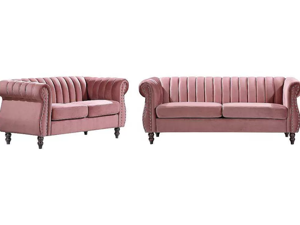 Vente-unique Sofás Chesterfield 3 Lugares E 2 Lugares Veludo Cor-De-Rosa Vintage - Trumbo* Conjunto De Sofá
