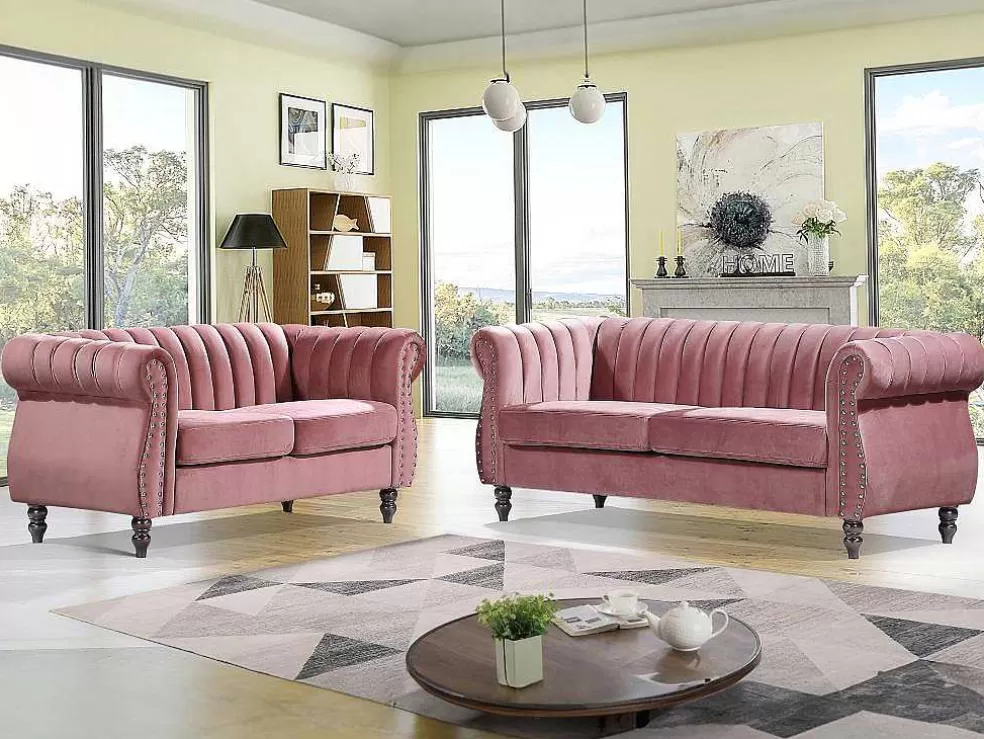 Vente-unique Sofás Chesterfield 3 Lugares E 2 Lugares Veludo Cor-De-Rosa Vintage - Trumbo* Conjunto De Sofá