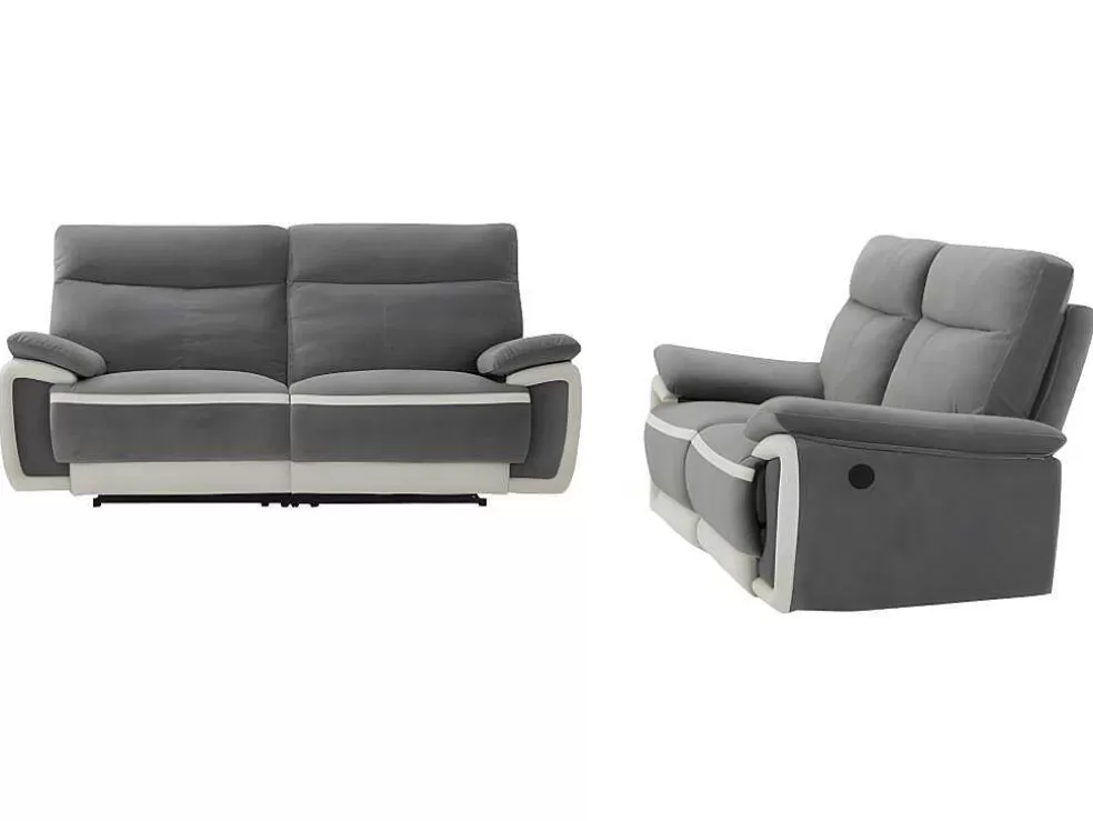 Vente-unique Sofás De 3+2 Lugares Articulados Eletricos Em Veludo - Cinza E Faixas Branco Cru - Metti* Conjunto De Sofá