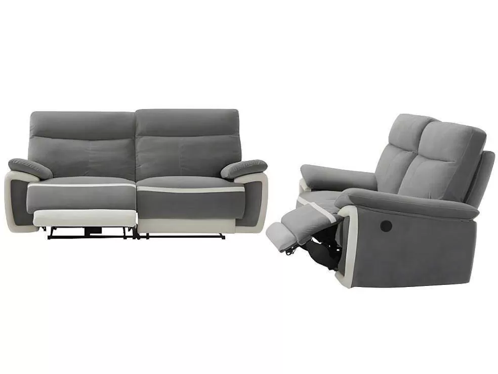 Vente-unique Sofás De 3+2 Lugares Articulados Eletricos Em Veludo - Cinza E Faixas Branco Cru - Metti* Conjunto De Sofá