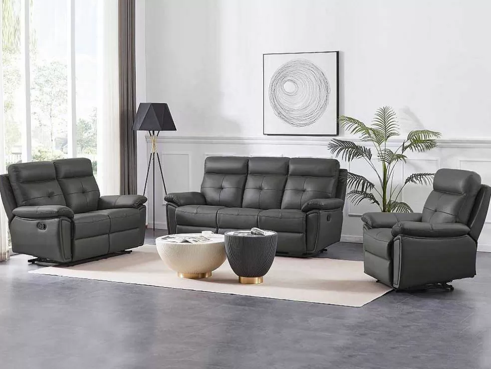 Vente-unique Sofás De 3 Lugares E De 2 Lugares Articulados Em Pele Cinzento - Vineta* Conjunto De Sofá