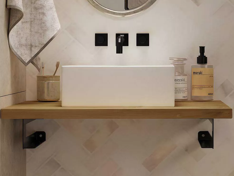 Vente-unique Suporte Suspenso Em Teca Clara Com Esquadros De Fixacao Brancos De 80 X 50 Cm - Sukawati* Móvel De Parede Para Casa De Banho