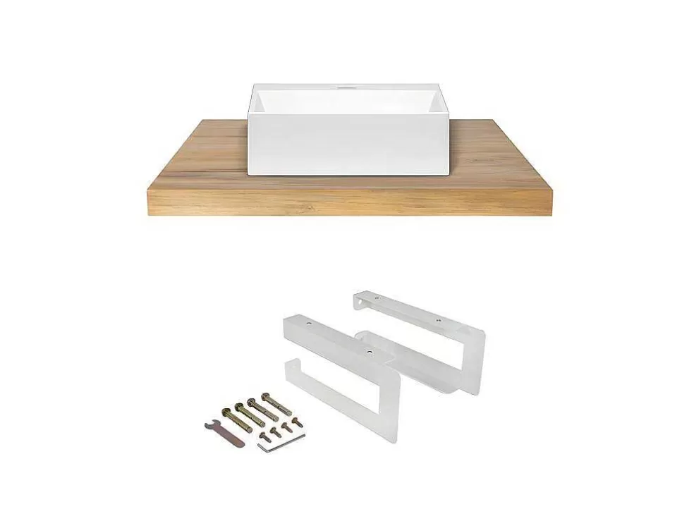 Vente-unique Suporte Suspenso Em Teca Clara Com Esquadros De Fixacao Brancos E Lavatório De 80 X 50 Cm - Sukawati* Móvel De Parede Para Casa De Banho