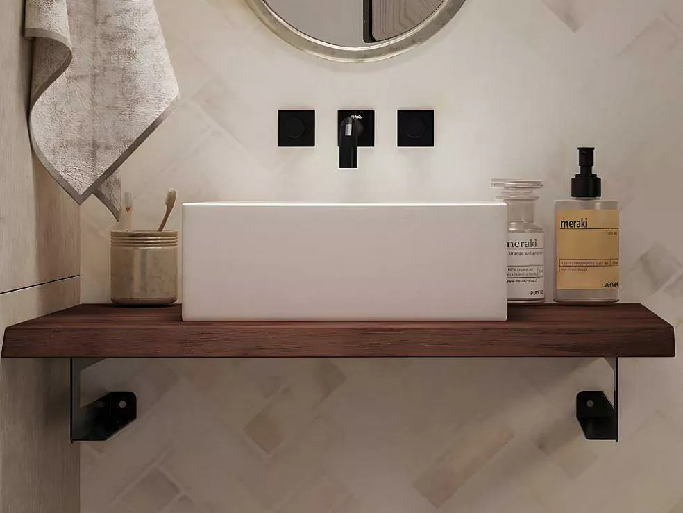 Vente-unique Suporte Suspenso Em Teca Escura Com Esquadros De Fixacao Pretos E Lavatório De 80 X 50 Cm - Sukawati* Móvel De Parede Para Casa De Banho