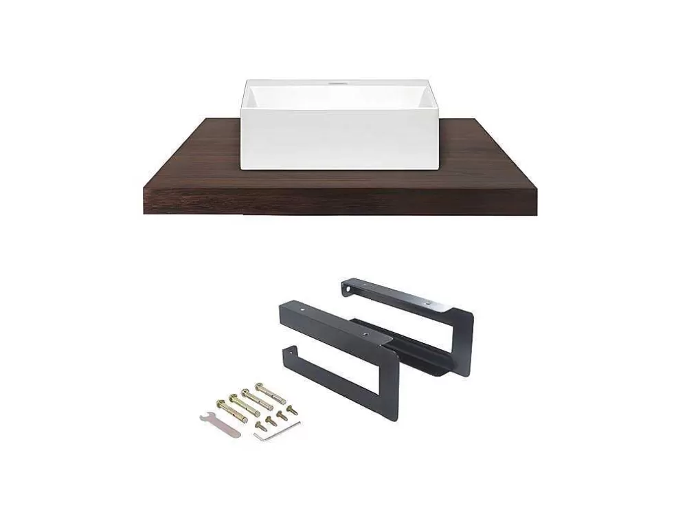 Vente-unique Suporte Suspenso Em Teca Escura Com Esquadros De Fixacao Pretos E Lavatório De 80 X 50 Cm - Sukawati* Móvel De Parede Para Casa De Banho