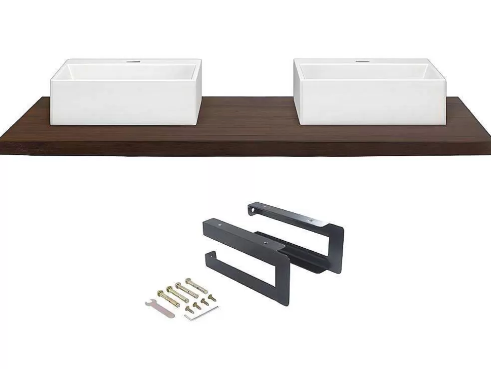 Vente-unique Suporte Suspenso Em Teca Escura Com Esquadros De Fixacao Pretos E Lavatório Duplo De 150 X 50 Cm - Sukawati* Móvel De Parede Para Casa De Banho