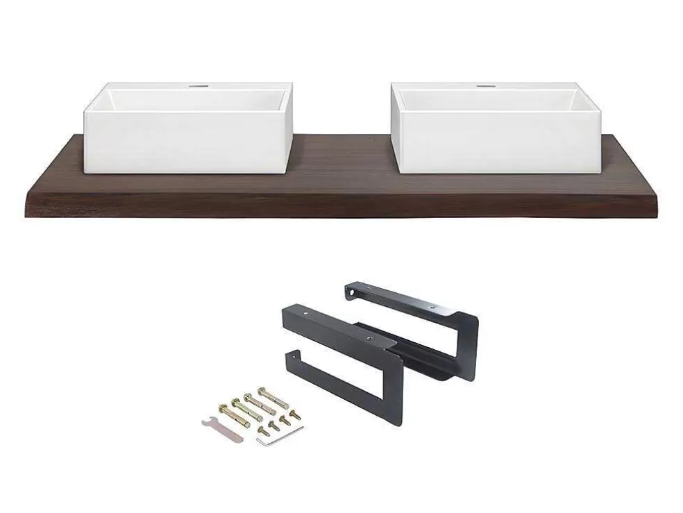 Vente-unique Suporte Suspenso Em Teca Escura Com Esquadros De Fixacao Pretos E Lavatório Duplo De 120 X 50 Cm - Sukawati* Móvel De Parede Para Casa De Banho