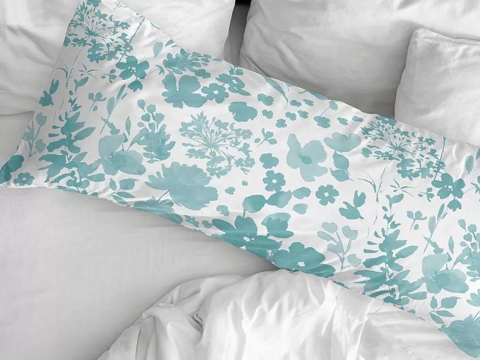 Purline Taie D'Oreiller 100% Coton 1 Piece Blanc A Fleurs Bleues 45X110* Roupa De Cama