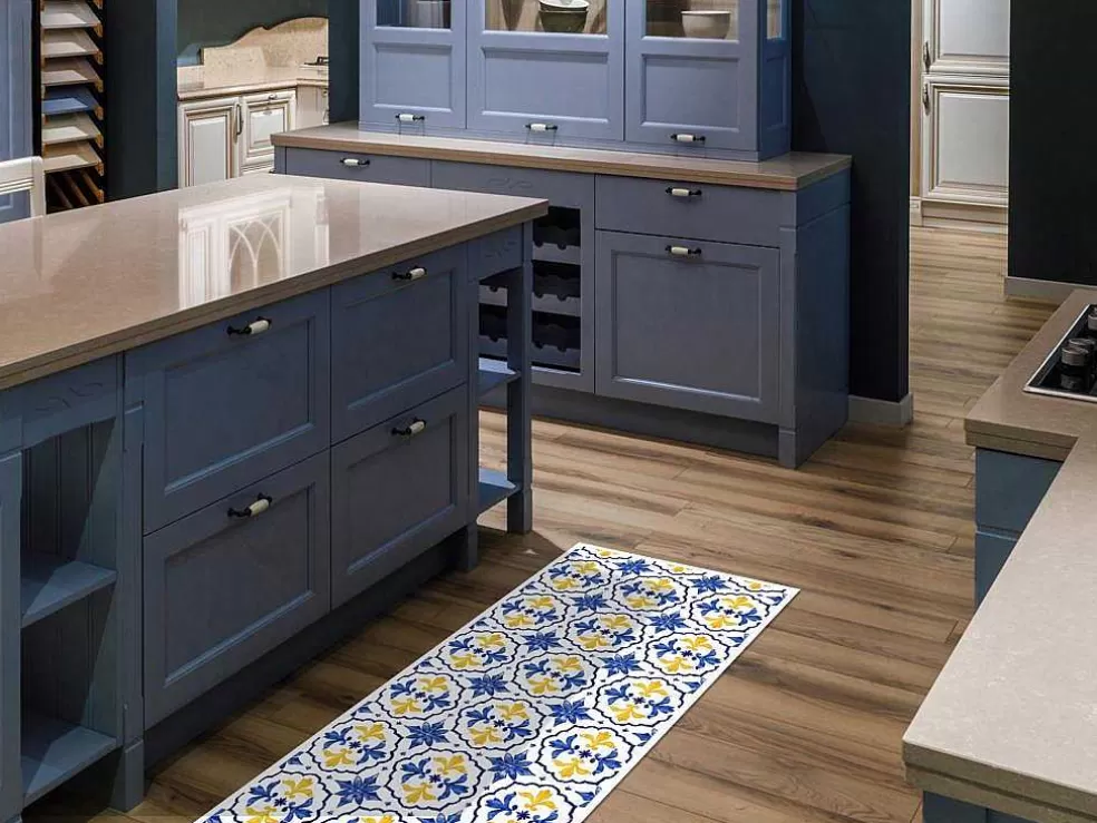 OZAIA Tapete De Corredor Em Vinil Efeito Azulejo 66X160 Cm Azul E Amarelo - Florili* Tapetes De Corredor