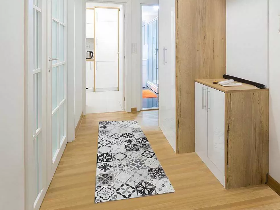 OZAIA Tapete De Corredor Em Vinil Efeito Mosaico Hidraulico Mosai - 66X160 Cm - Preto E Branco* Tapetes De Corredor