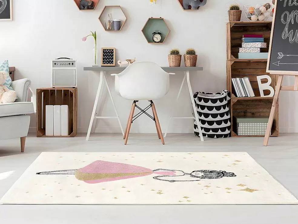 OZAIA Tapete De Criança Motivo Fada Com Acabamento Fio Lurex Dourado De 120 X 170 Cm Cor Cru E Cor-De-Rosa - Ariel* Tapete De Criança
