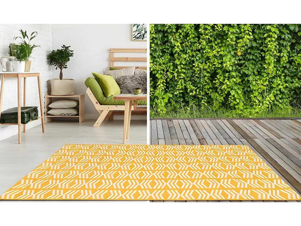 OZAIA Tapete De Interior Ou De Exterior Estilo Etnico 150 X 200 Cm Amarelo - Grenada* Decoração De Jardim