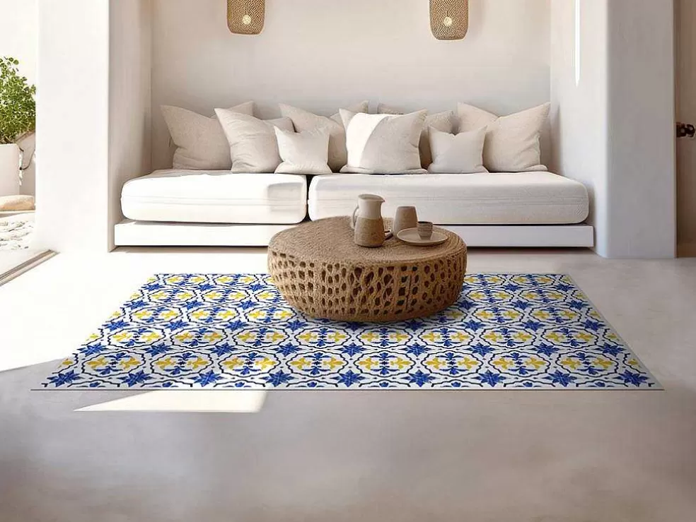 OZAIA Tapete Em Vinil Efeito Azulejo 120X180 Cm Azul E Amarelo - Florili* Tapete De Sala
