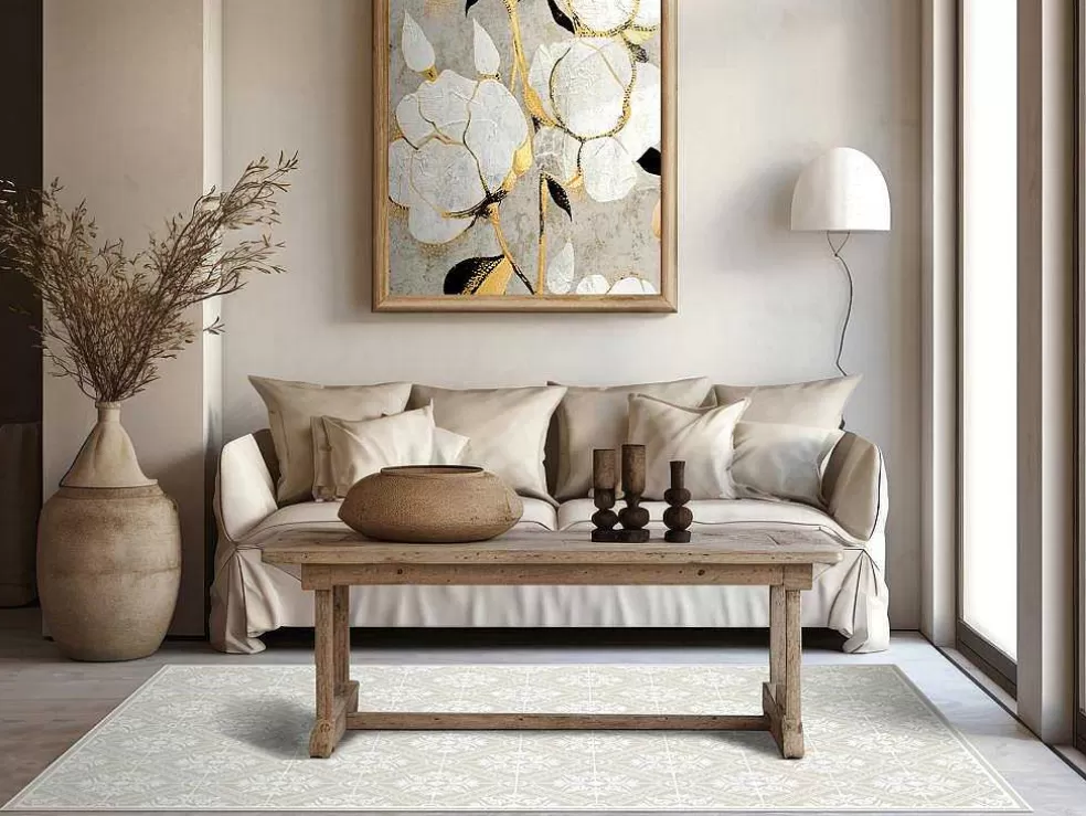 OZAIA Tapete Em Vinil Efeito Azulejo 120X180 Cm Bege E Branco - Majesti* Tapete De Vinil