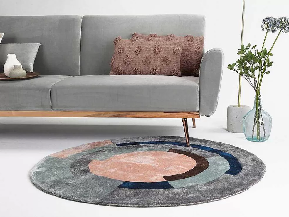 OZAIA Tapete Em Viscose Tufado Redondo E Motivos Geometricos De 4000 G/M E D. 120 Cm Cor Cinza E Péssego - Janjivy* Tapete De Sala