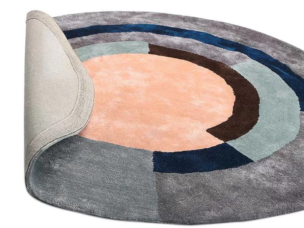 OZAIA Tapete Em Viscose Tufado Redondo E Motivos Geometricos De 4000 G/M E D. 120 Cm Cor Cinza E Péssego - Janjivy* Tapete De Sala