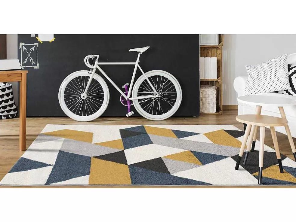 OZAIA Tapete Geometrico 160 X 230 Cm Em Polipropileno Amarelo, Cinza E Azul Estilo Escandinavo - Geomie* Tapete Escandinavo