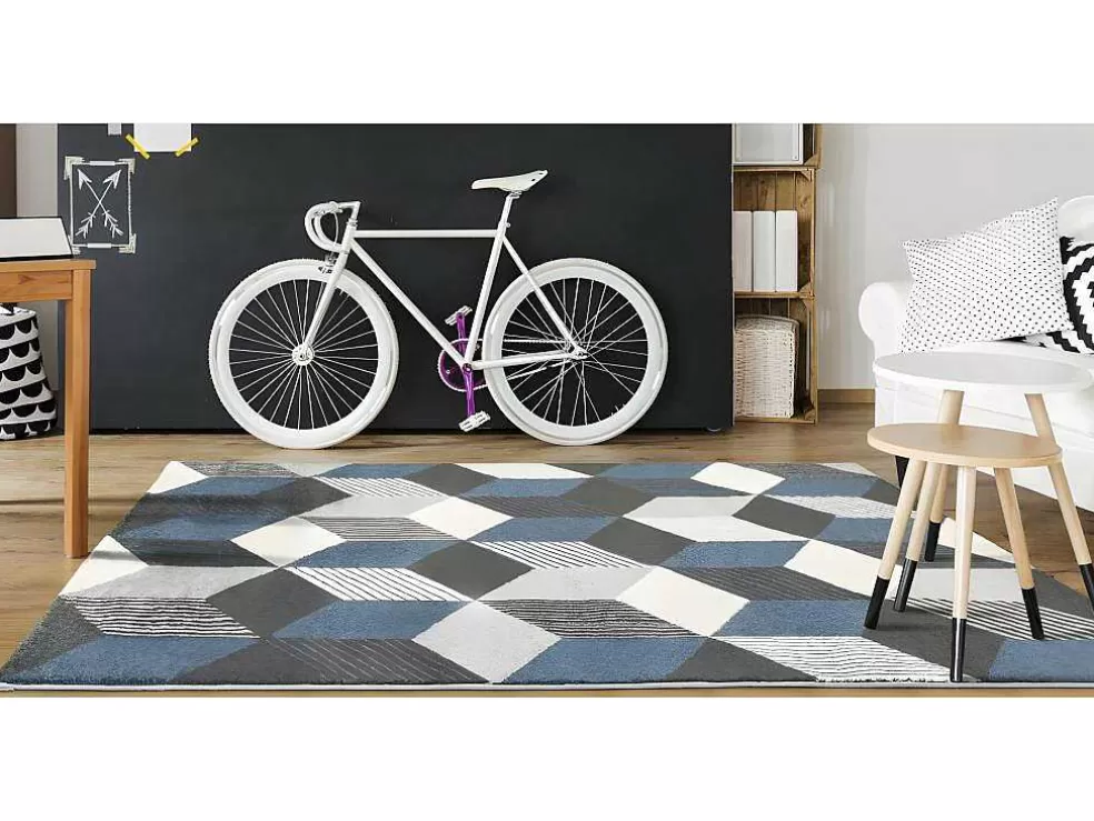 OZAIA Tapete Geometrico 160 X 230 Cm Em Polipropileno Cinza, Branco E Azul - Carrio* Tapete Escandinavo