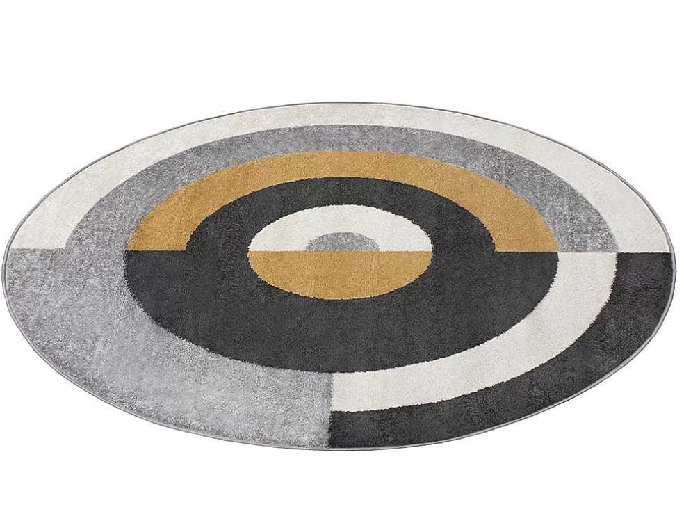 OZAIA Tapete Redondo Estilo Design Motivos Geometricos De D. 160 Cm Cor Cinza E Ocre - Alborg* Tapete De Sala