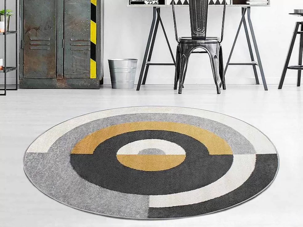 OZAIA Tapete Redondo Estilo Design Motivos Geometricos De D. 160 Cm Cor Cinza E Ocre - Alborg* Tapete De Sala