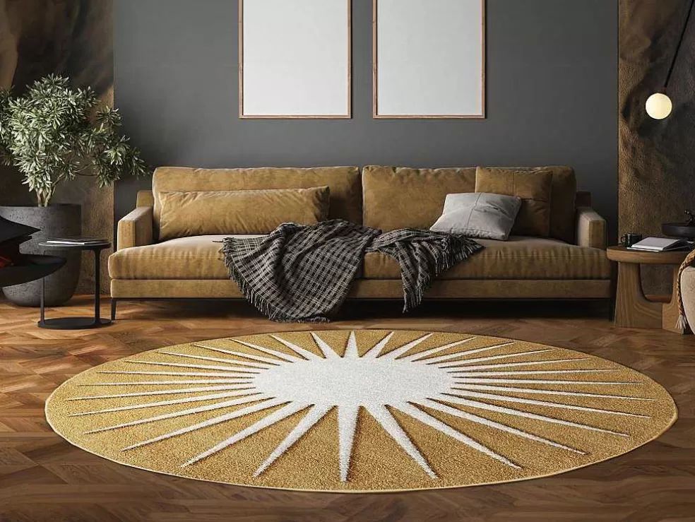 OZAIA Tapete Redondo Sol Com Relevos D200 Cm, Amarelo Mostarda E Branco - Luminio* Tapete Redondo