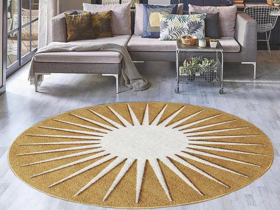 OZAIA Tapete Redondo Sol Com Relevos D200 Cm, Amarelo Mostarda E Branco - Luminio* Tapete Redondo