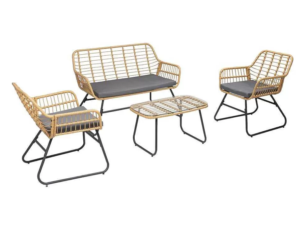 Happy Garden Tiga Mobiliário De Jardim Conjunto Em Resina Tecida 4 Assentos - Almofadas Cinzentas* Conjunto Relax De Jardim
