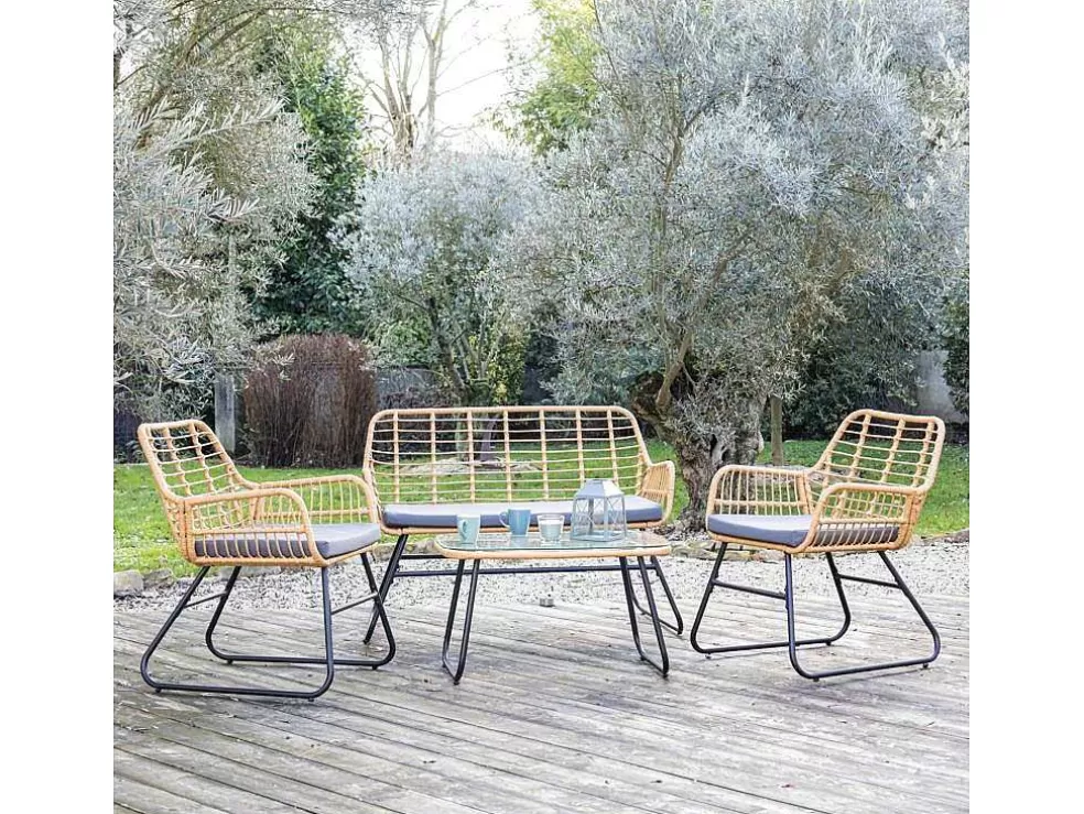 Happy Garden Tiga Mobiliário De Jardim Conjunto Em Resina Tecida 4 Assentos - Almofadas Cinzentas* Conjunto Relax De Jardim