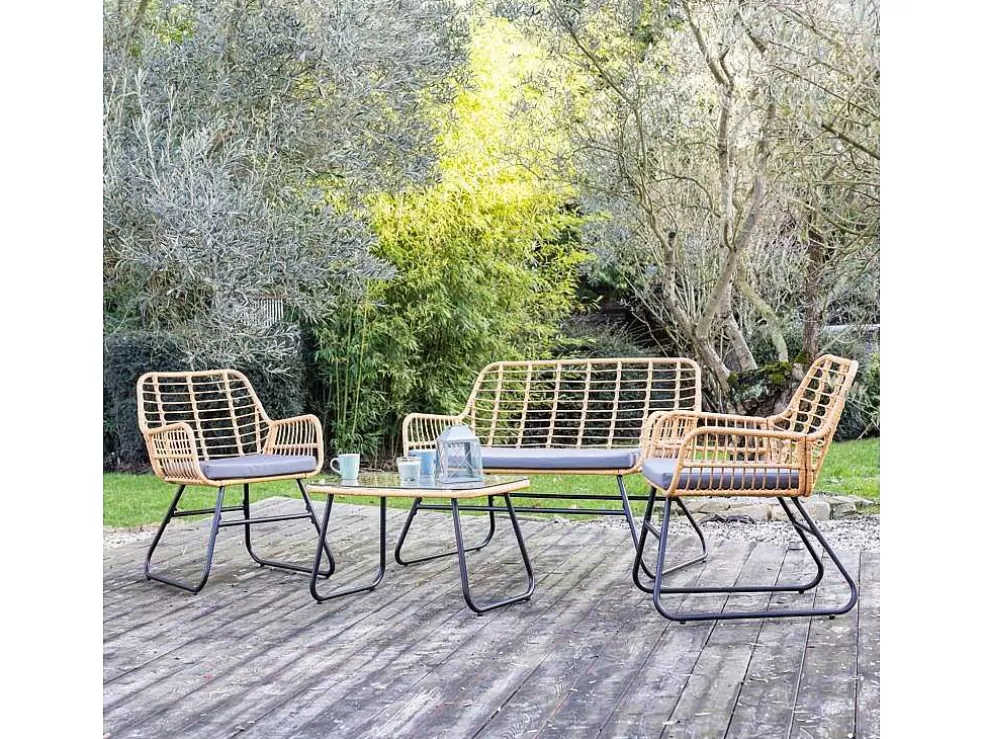 Happy Garden Tiga Mobiliário De Jardim Conjunto Em Resina Tecida 4 Assentos - Almofadas Cinzentas* Conjunto Relax De Jardim