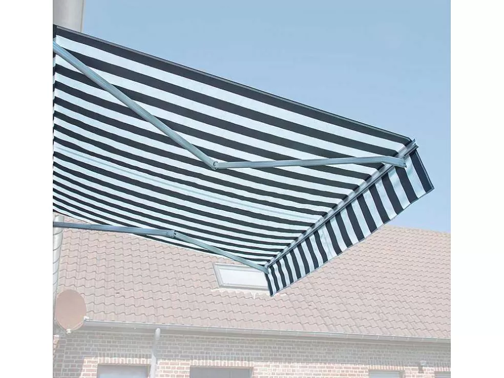 Happy Garden Toldo Saule 3,95 3M Com Semi-Canopy - Tecido Branco/Cinzento Riscado E Estrutura Branca* Toldo E Persiana De Exterior