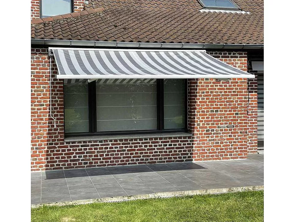 Happy Garden Toldo Saule 3,5 3M Com Semi-Canopy - Tecido Branco/Cinzento Riscado E Estrutura Branca* Toldo E Persiana De Exterior