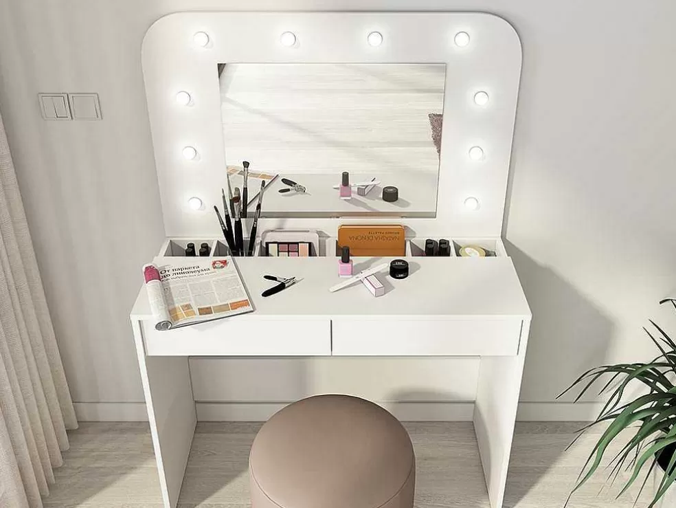 Vente-unique Toucador Com Espelho, Leds E Espacos De Arrumação Cor Branco - Josephine* Toucador