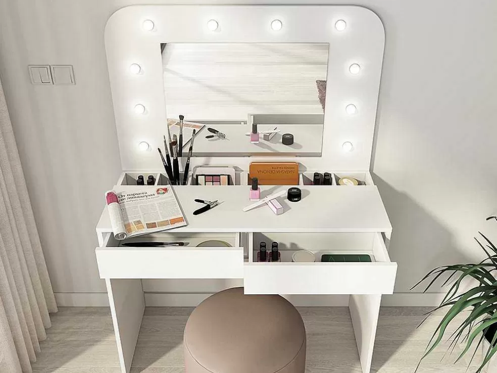 Vente-unique Toucador Com Espelho, Leds E Espacos De Arrumação Cor Branco - Josephine* Toucador