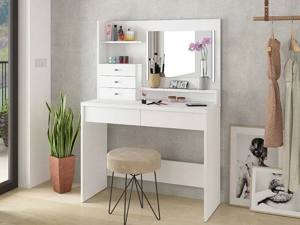 Vente-unique Toucador Com Espelho, Leds E Espacos De Arrumação Em Branco - Giuliana* Toucador